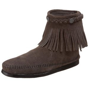 Minnetonka suede charcoal gray fringe moccasins